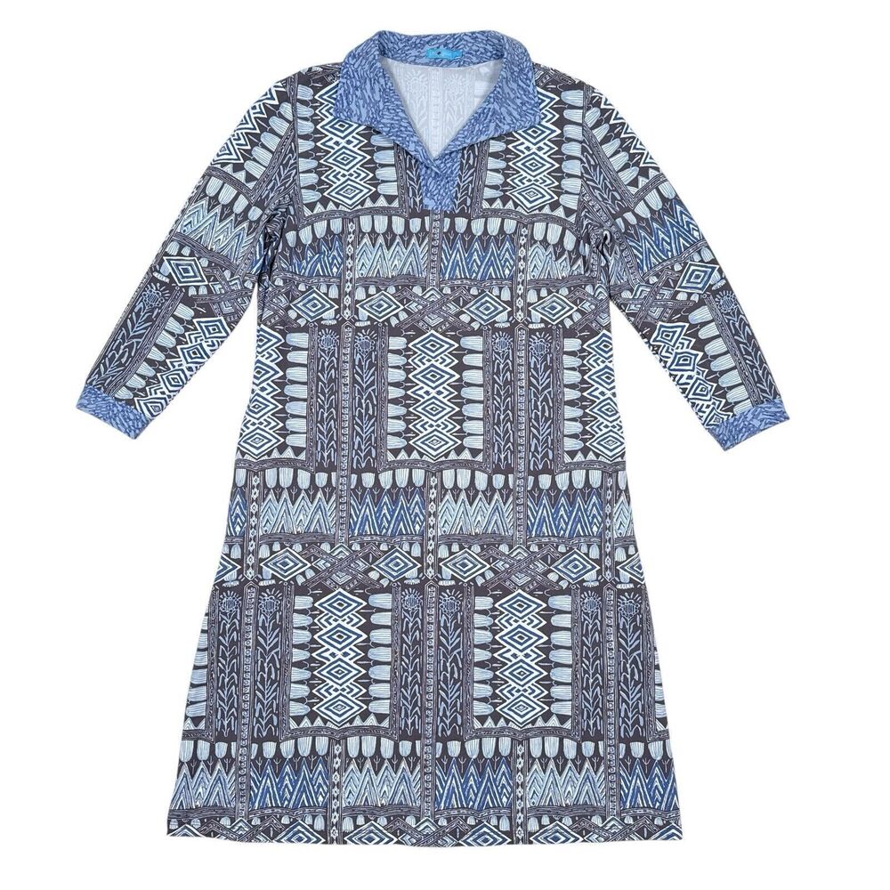 J McLaughlin Dress Small Blue Aubina Catalina Cloth Geometric 3/4 Sleeve‎ Shift